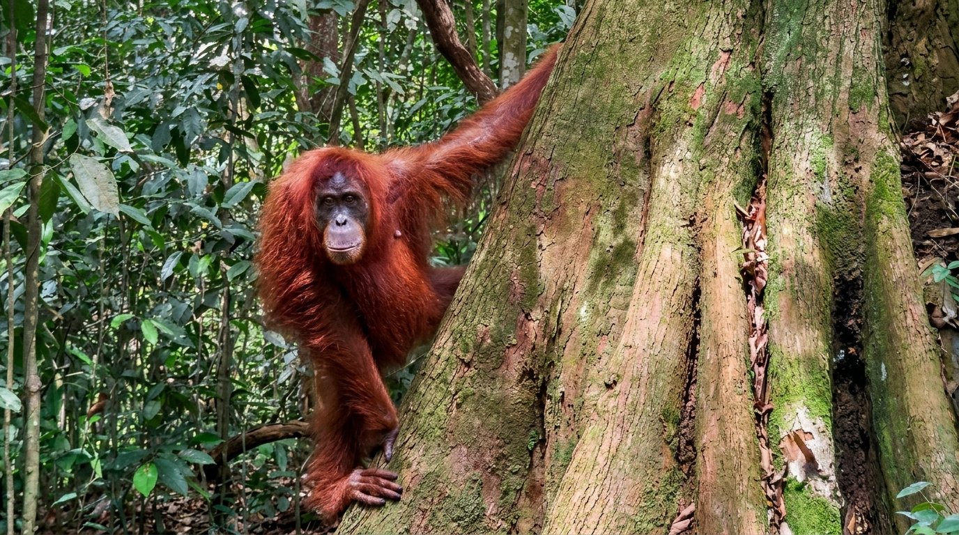 jungle trek in Gunung Leuser National Park to spot Sumatran orangutans and tropical flora.