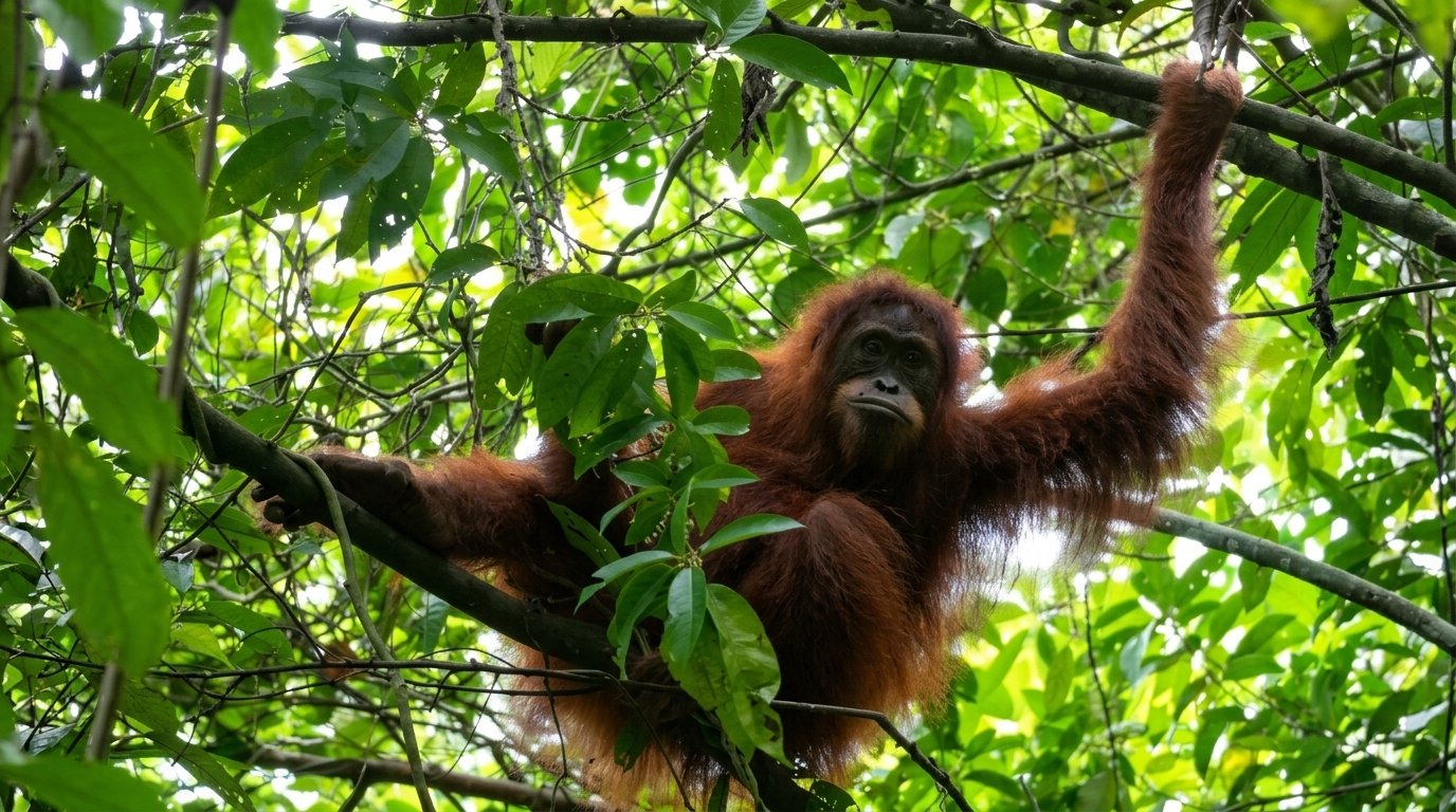 jungle trek in Gunung Leuser National Park to spot Sumatran orangutans and tropical flora.